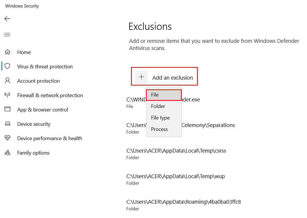 제외 추가 또는 제거를 클릭합니다. Visual Studio 액세스가 거부된 프로그램을 시작할 수 없는 문제 수정