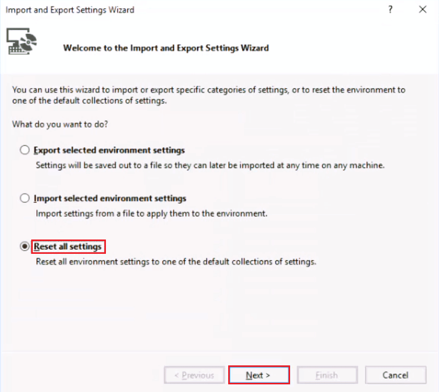 모든 설정 재설정을 선택합니다. Visual Studio 액세스가 거부된 프로그램을 시작할 수 없는 문제 수정