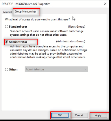 그룹 구성원 탭으로 이동하고 관리자를 선택하여 이 계정을 관리자 계정으로 만듭니다. Visual Studio 액세스가 거부된 프로그램을 시작할 수 없는 문제 수정