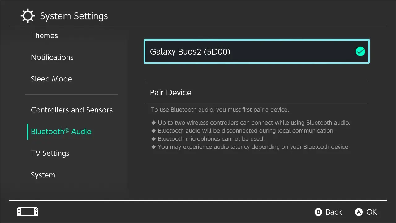 Страница настроек, показывающая подключение Bluetooth к Galaxy Buds2