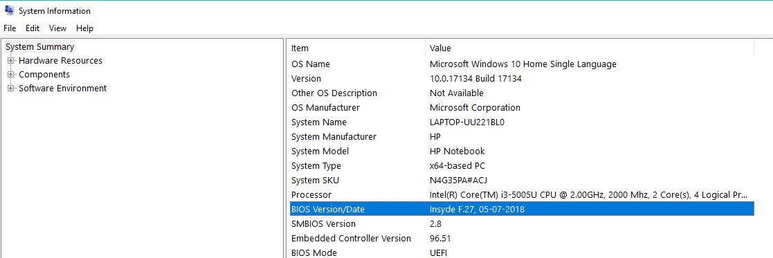 システム情報フォルダが開き、PCのBIOSバージョンを確認します