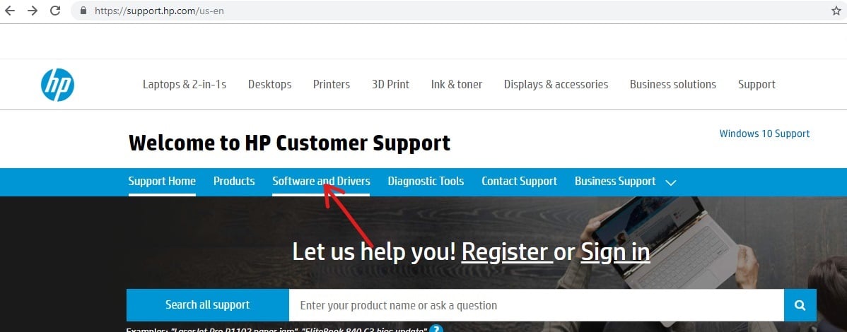 メーカーのウェブサイトの下にあるソフトウェアとドライバーをクリックします