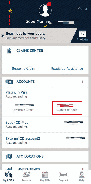 Мобильное приложение USAA. Баланс указан в главном меню в разделе АККАУНТЫ