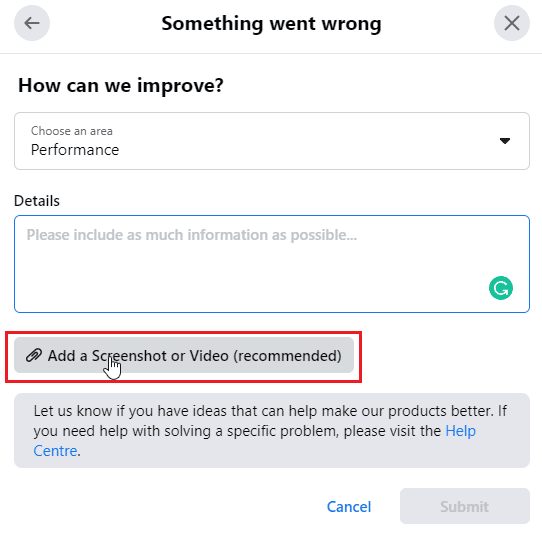 Klik Tambahkan Tangkapan Layar atau Video yang direkomendasikan. Kenapa Facebook Saya Tidak Update