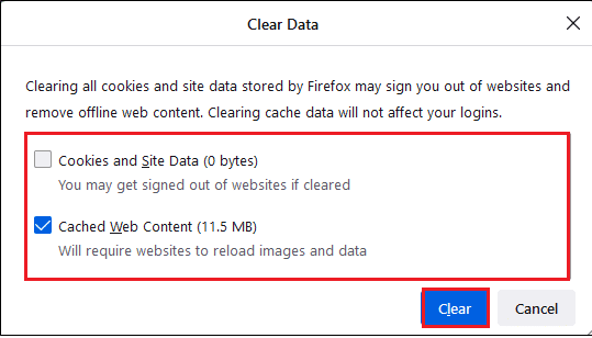 Opzione cookie e dati del sito e contenuto web memorizzato nella cache. Correggi l'errore Netflix f7121 1331 P7 in Windows 10