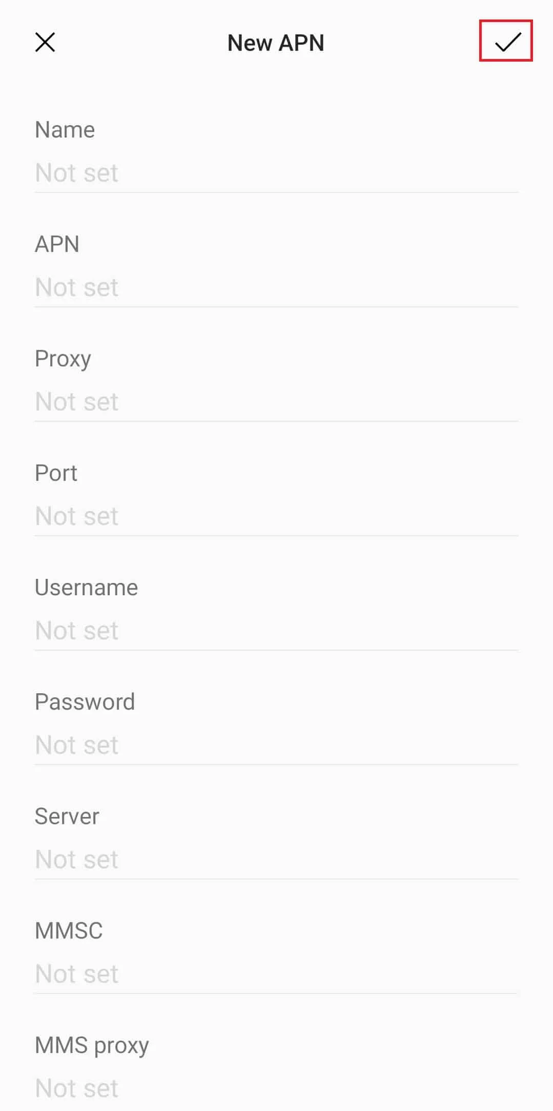 오른쪽 상단 모서리에 있는 체크 표시를 탭합니다. Android에서 SIM 카드가 작동하지 않는 문제 수정
