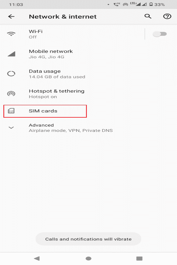 SIM 카드를 탭하십시오