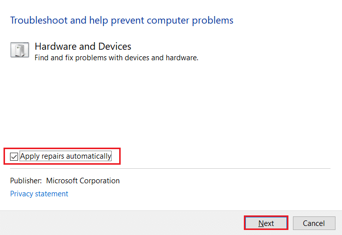 ハードウェアとデバイスのトラブルシューティング ツールで [修復を自動的に適用する] オプションをオンにし、[次へ] をクリックします。