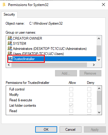 TrustedInstaller を選択します。お使いのデバイス用の Windows のドライバーが見つかりましたが、エラーが発生した問題を修正しました