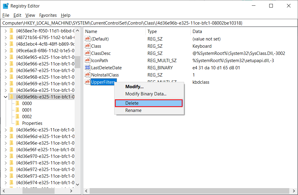 UpperFilters を右クリックし、[削除] を選択します。お使いのデバイス用の Windows のドライバーが見つかりましたが、エラーが発生した問題を修正しました