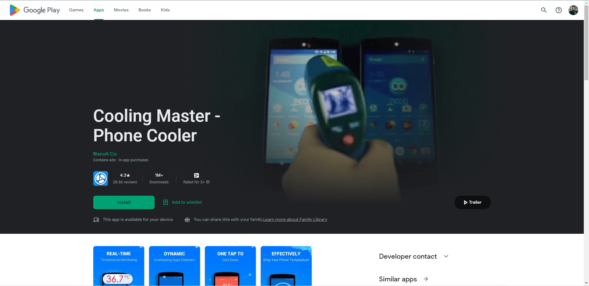 Cooling Master Phone Cooler プレイストアのウェブページ