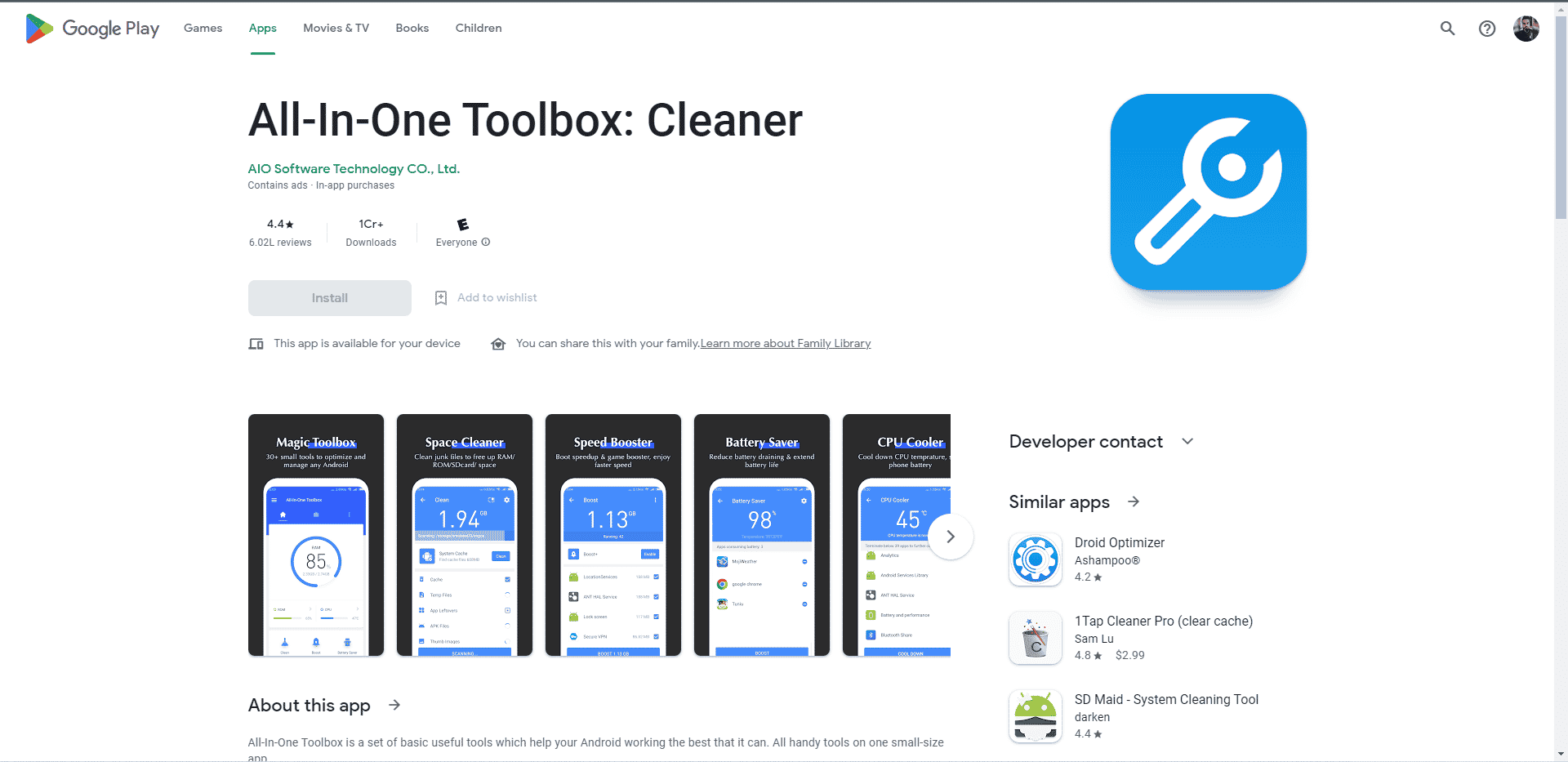 1 つのツールボックス クリーナー プレイストア Web ページのすべて。 AndroidおよびiOS向けの最高の電話冷却アプリ