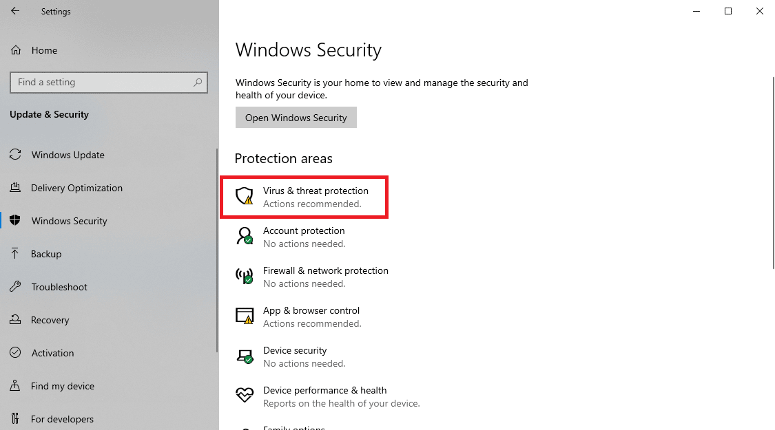 fare clic su protezione da virus e minacce