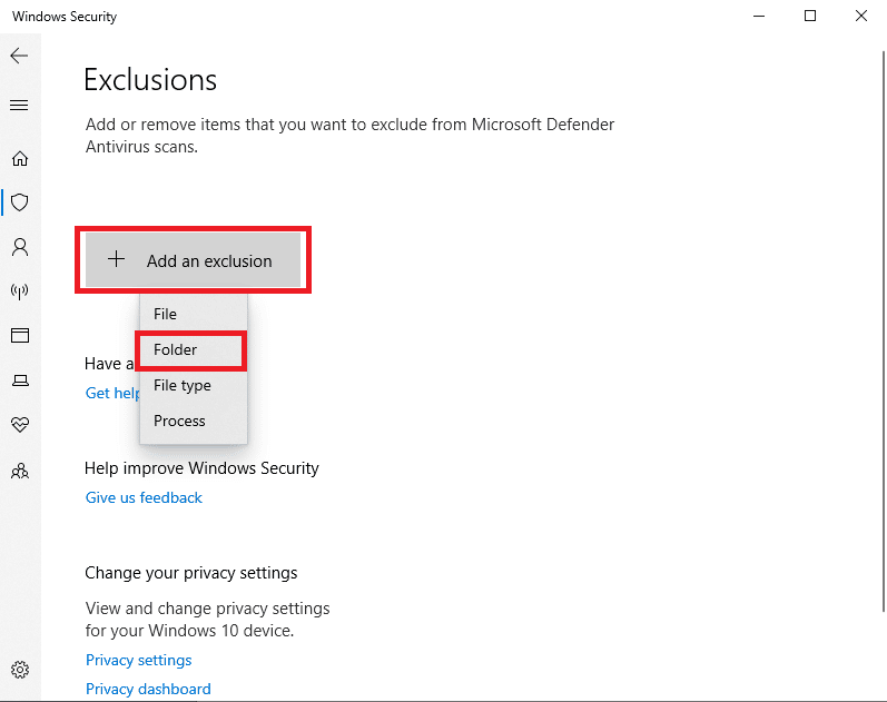 fai clic su aggiungi un'esclusione e seleziona la cartella. Correggi l'errore BitTorrent a cui il processo non può accedere in Windows 10