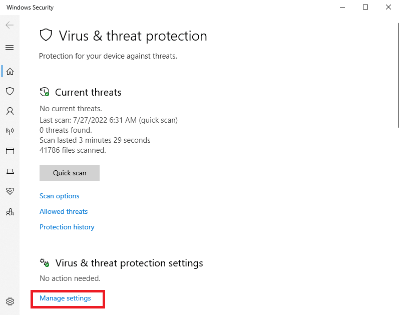 in impostazioni di protezione da virus e minacce fare clic su gestisci impostazioni. Correggi l'errore BitTorrent a cui il processo non può accedere in Windows 10