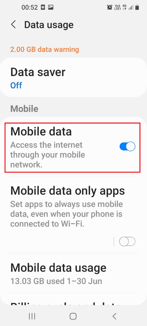 Aktifkan opsi Data seluler. Cara Memperbaiki Kode Kesalahan Hulu 2 975