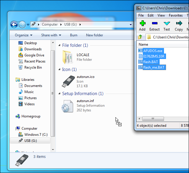 Un program de actualizare BIOS în stil DOS pe o unitate USB bootabilă în Windows 7.