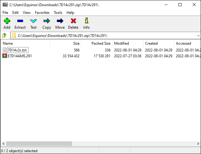 O actualizare MSI BIOS deschisă în 7-Zip.