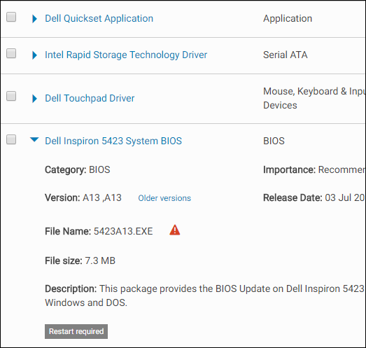 Pagina de driver BIOS a Dell pentru un laptop Inspiron.