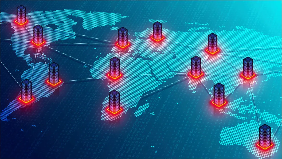 Serveurs connectés sur une carte du monde.
