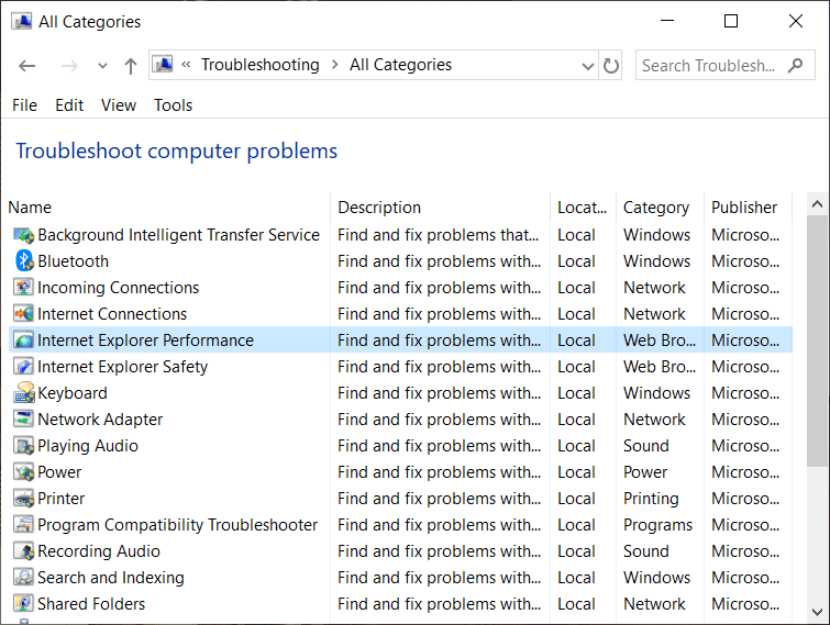 [コンピューターの問題のトラブルシューティング]リストから、[InternetExplorerのパフォーマンス]を選択します。