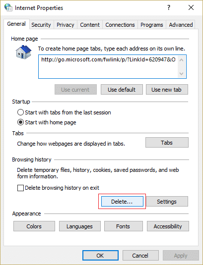 [インターネットのプロパティ]の[閲覧履歴]の下にある[削除]をクリックします| InternetExplorerが動作を停止したエラーを修正