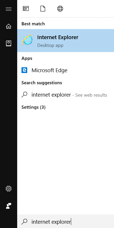 左下隅にある[スタート]ボタンをクリックして、InternetExplorerと入力します