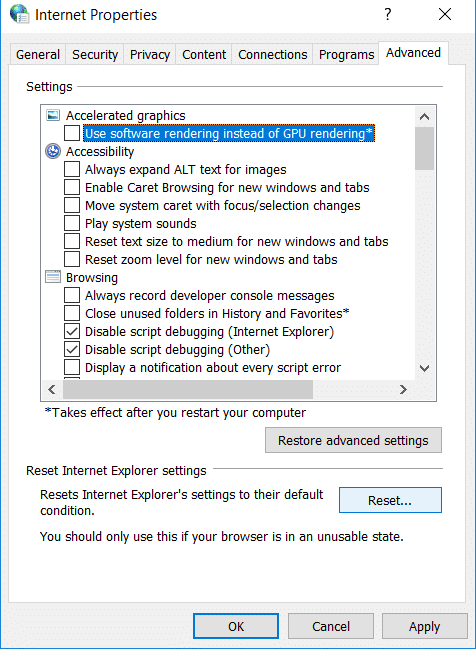 ウィンドウにある[リセット]ボタンをクリックします| InternetExplorerが動作を停止したエラーを修正
