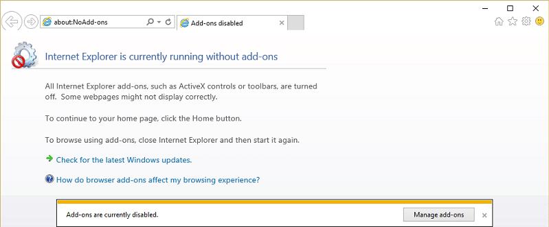 下部にある[アドオンの管理]をクリックします| InternetExplorerが動作を停止したエラーを修正