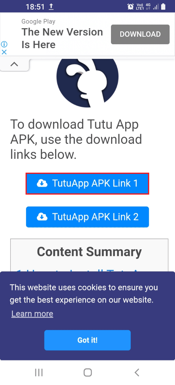 แตะที่ปุ่มลิงก์ 1 APK ของ TutuApp
