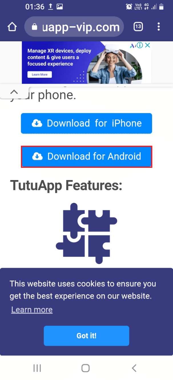 เปิดเว็บไซต์อย่างเป็นทางการของ Tutuapp แล้วแตะที่ปุ่ม ดาวน์โหลดสำหรับ Android