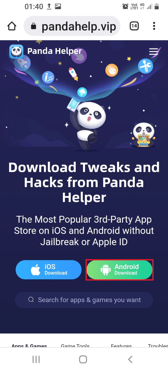 เปิดเว็บไซต์ทางการของ Panda Helper แล้วแตะที่ปุ่มดาวน์โหลดของ Android