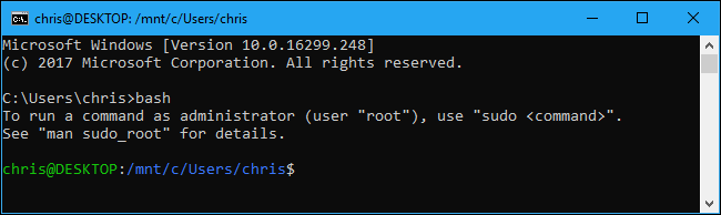 سيؤدي تشغيل "bash" في موجه الأوامر إلى تشغيل بيئة Linux الافتراضية الخاصة بك.