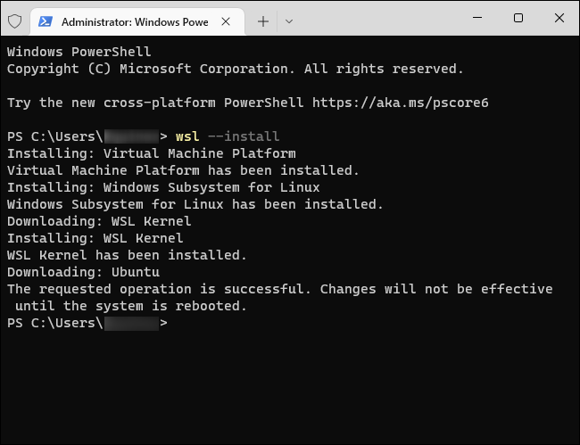 PowerShell يقوم بتشغيل أمر تثبيت WSL بنجاح.