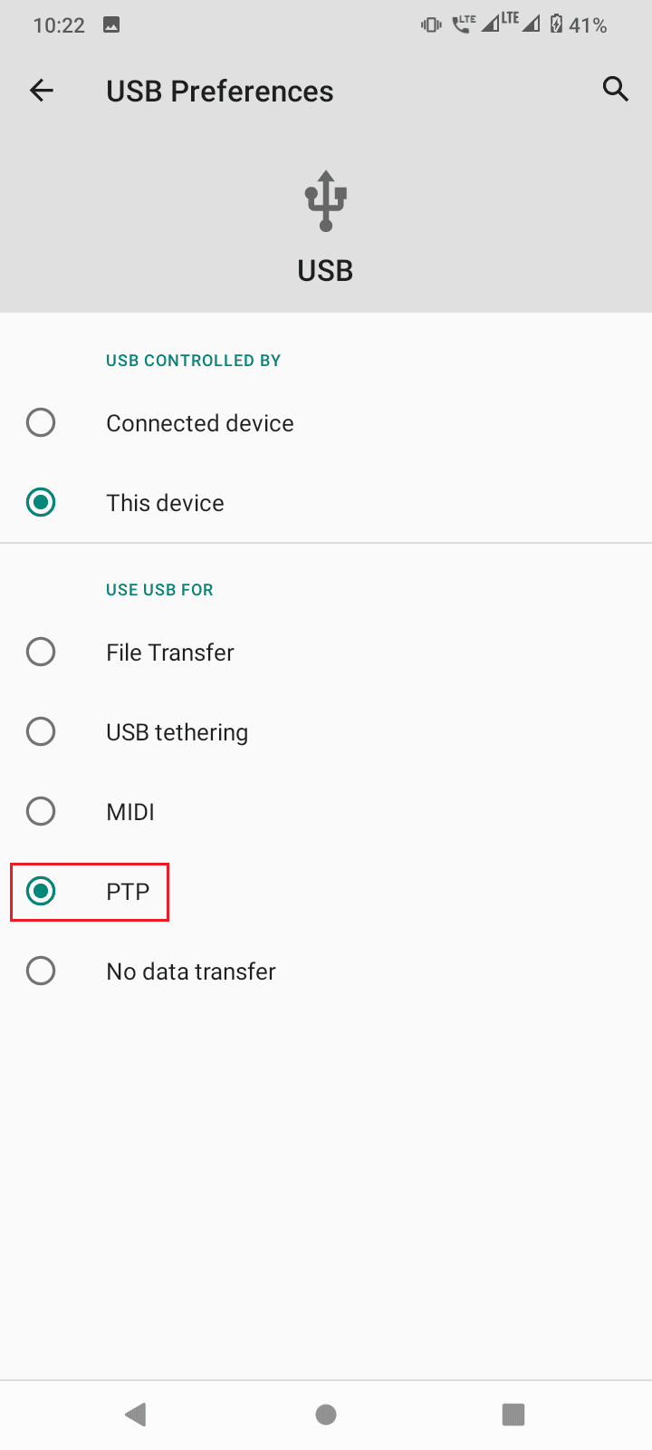 нажмите на PTP или передачу фотографий, если передача файлов не работает