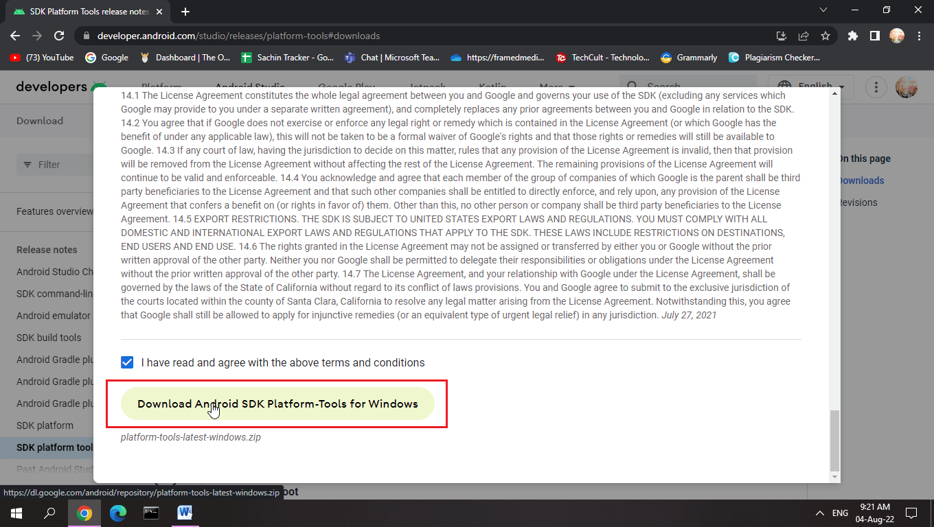 kliknij Pobierz narzędzia platformy Android SDK dla systemu Windows