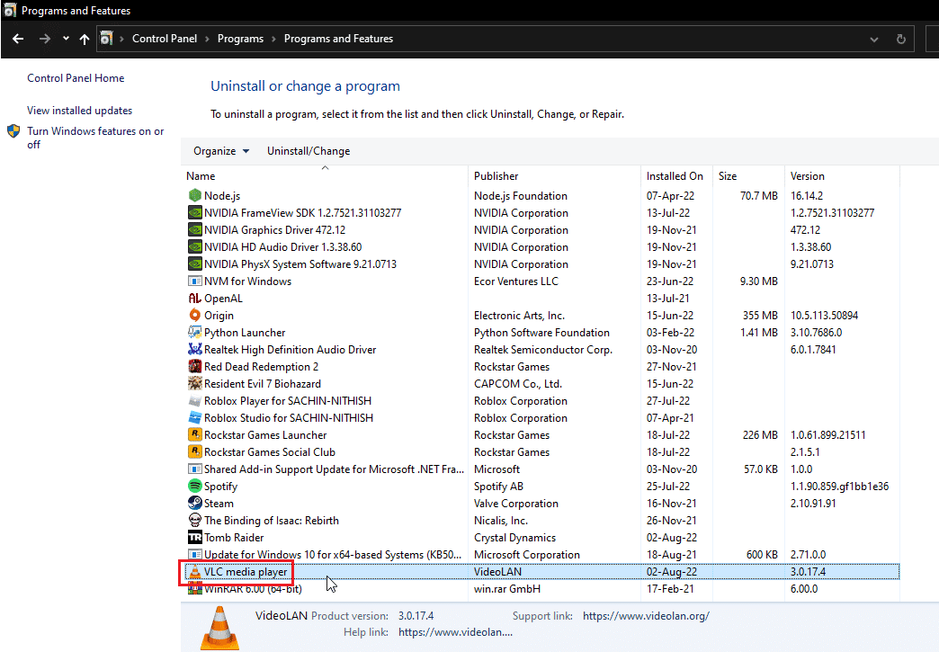 kliknij dwukrotnie odtwarzacz multimedialny VLC w programach i funkcjach