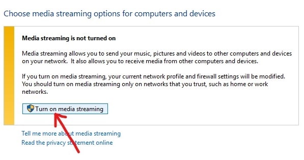 [メディアストリーミングをオンにする]ボタンをクリックします| Windows10でDLNAサーバーを有効にする