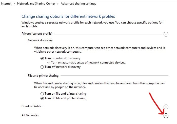 |の横にある下向き矢印をクリックして、[すべてのネットワーク]セクションを展開します。 Windows10でDLNAサーバーを有効にする