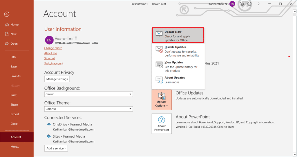 haga clic en actualizar ahora en powerpoint. Arreglar el código de error de Office 1058 13 en Windows 10