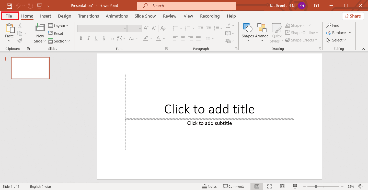 Seleccione Archivo. Arreglar el código de error de Office 1058 13 en Windows 10