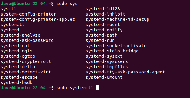 Tab-Vervollständigungsoptionen für "System"