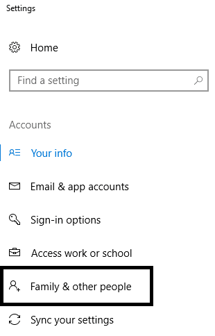 設定ダイアログボックスで[家族と他のユーザー]をクリックします| Windows10でローカルユーザーアカウントを作成する