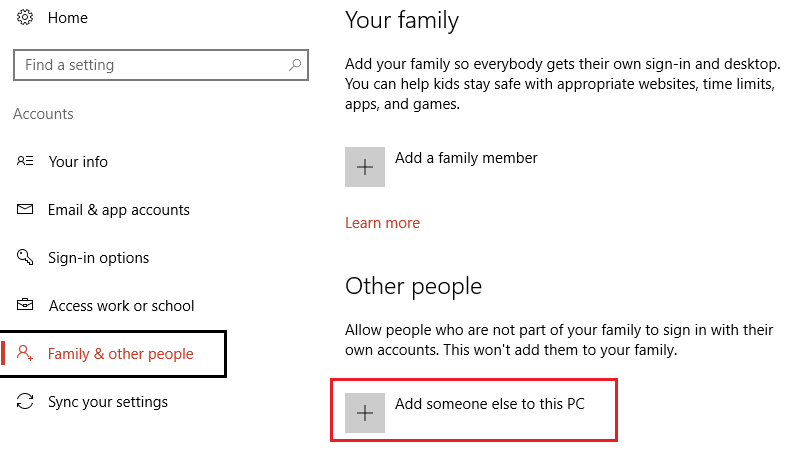家族や他の人がこのPCに他の人を追加する| Windows10でローカルユーザーアカウントを作成する