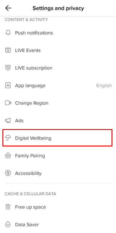 Wybierz Digital Wellbeing w sekcji TREŚĆ i AKTYWNOŚĆ