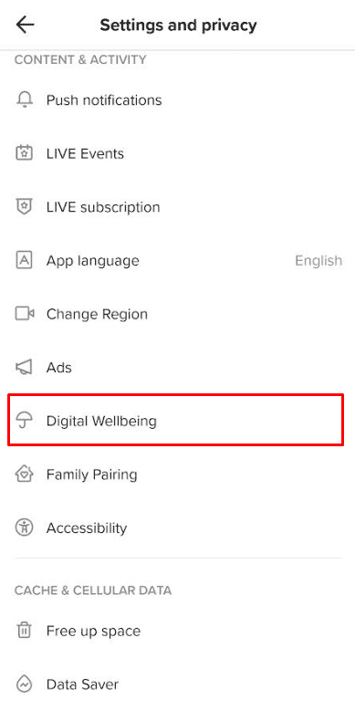 Sous la section CONTENU et ACTIVITÉ, choisissez Bien-être numérique | Mode restreint TikTok