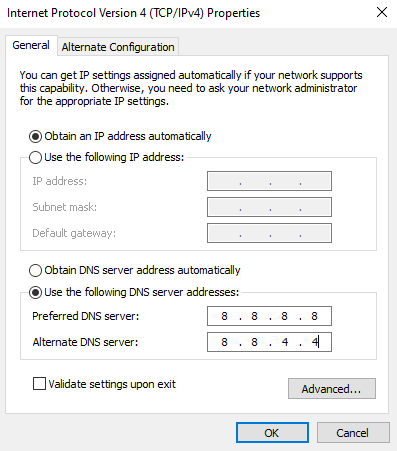 Выберите значок Использовать следующие адреса DNS-серверов. Fix League Мы восстановили эту установку в Windows 10