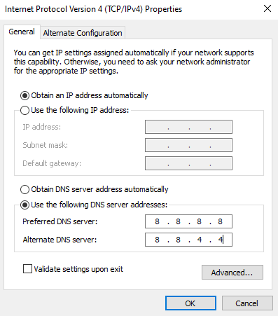 [次の DNS サーバー アドレスを使用する] アイコンを選択します。 Windows 10でこのインストールを復元した修正リーグ