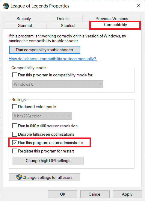 cambie a la pestaña Compatibilidad y marque la casilla Ejecutar este programa como administrador. Fix League Hemos restaurado esta instalación en Windows 10