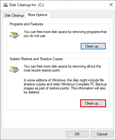 สลับไปที่แท็บ More Options แล้วคลิกปุ่ม Clean up… ใต้ System Restore and Shadow Copies